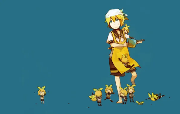 Two, Vocaloid, blue background, Rin, Len