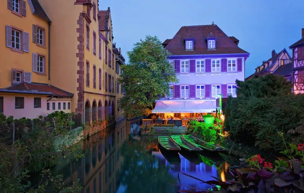 Trees, flowers, lights, France, home, boats, the evening, channel