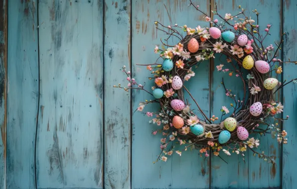 Flowers, holiday, Board, eggs, spring, Easter, wreath, painted