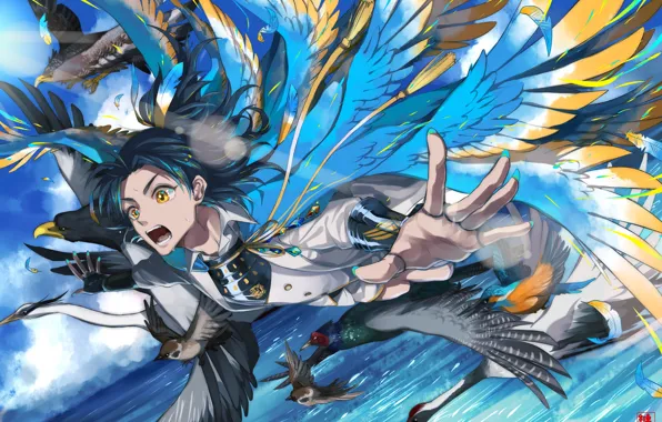 Birds, anime, art, guy, Touken ranbu, Dance Of Swords