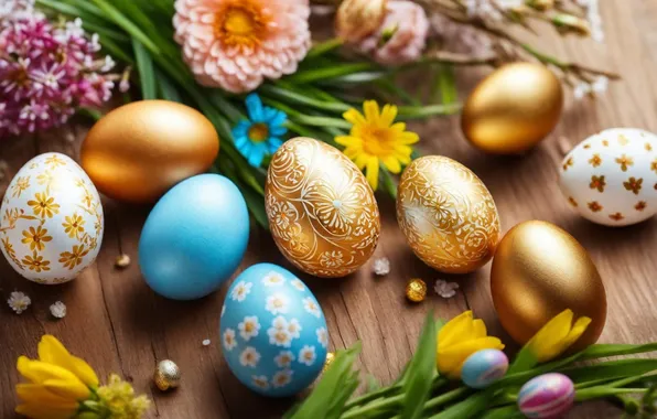 Flowers, eggs, spring, colorful, Easter, flowers, spring, Easter