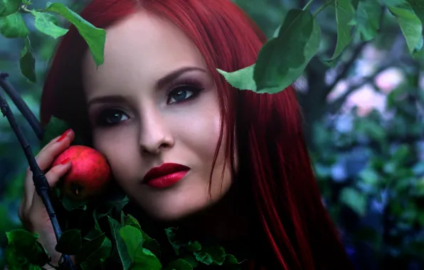 Picture look, leaves, girl, face, Apple, lips, red, the fruit