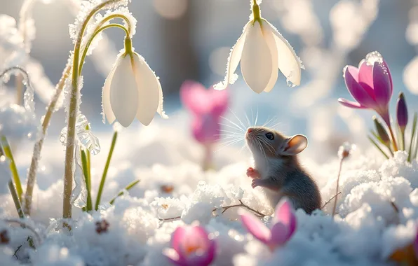 Winter, light, snow, flowers, spring, mouse, mouse, snowdrops