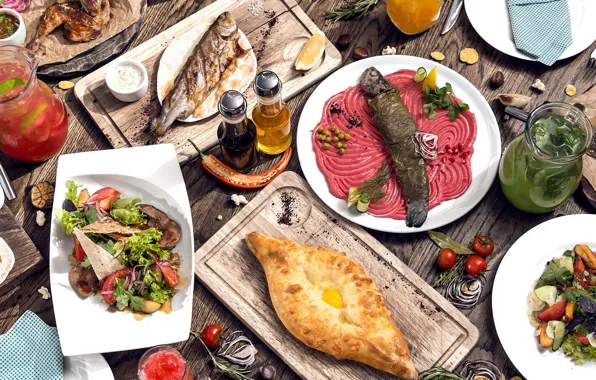 Fish, lemonade, salad, cuts, khachapuri, Georgian cuisine