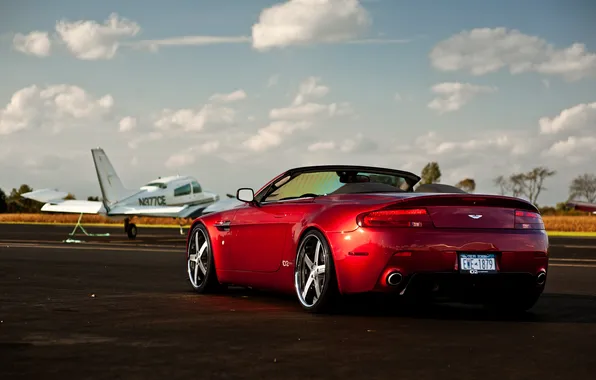 The sky, clouds, red, Aston Martin, Vantage, Aston Martin, red, the plane