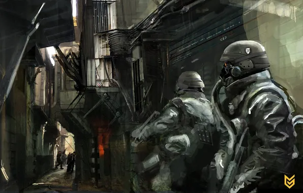 Picture weapons, people, street, the game, soldiers, mask, Killzone 2