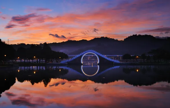 Picture the sky, clouds, trees, landscape, sunset, lake, China, Taiwan