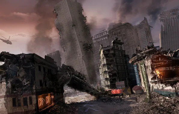 Picture the city, the building, helicopter, the end of the world, MotorStorm Apocalypse