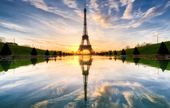 Sunset, reflection, France, Paris, glow, Eiffel tower