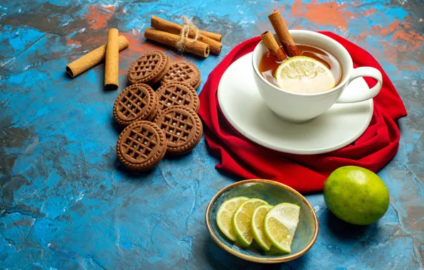 Picture lemon, tea, cookies, Cup, cinnamon, saucer