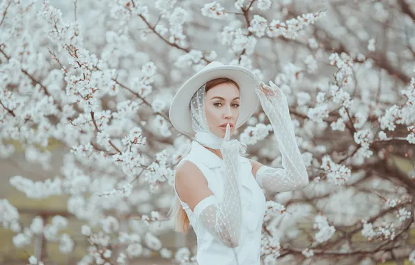Girl, flowers, branches, pose, woman, spring, hat, garden