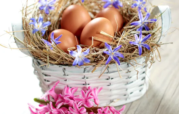 Picture flowers, basket, eggs, spring, Easter, flowers, spring, eggs