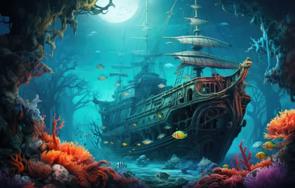 Sea, fish, the ocean, ship, corals, fantasy, old, underwater world