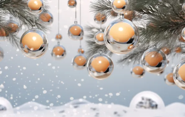 Winter, balls, snow, branches, balls, ice, Christmas, transparent