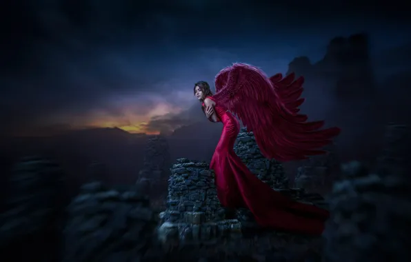 The sky, girl, night, pose, stones, wings, angel, feathers