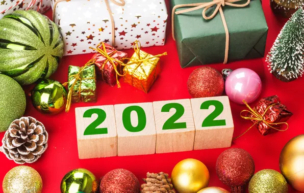 Balls, balls, cubes, figures, gifts, New year, 2022