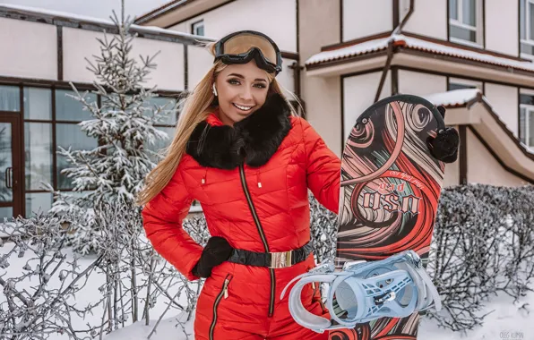 Picture winter, girl, pose, smile, snowboard, glasses, jumpsuit, Anastasia Zakharova