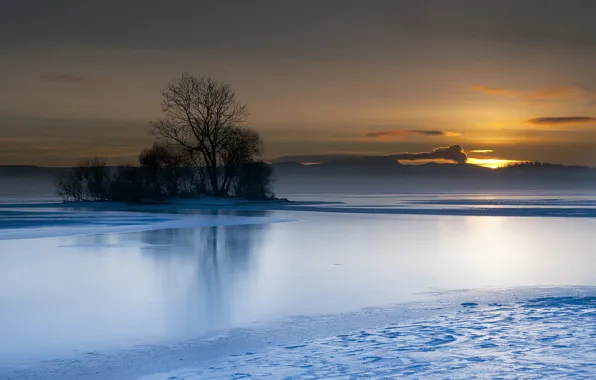 Trees, landscape, sunset, lake