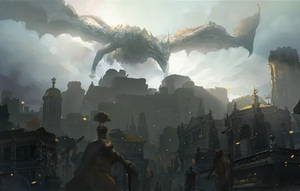 The city, dragon, monster, fantasy, Elden Ring, by zeyuz, Laindell's Soldiers