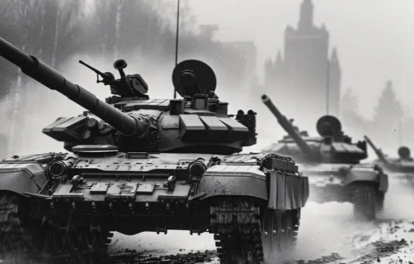 Home, Road, Dust, Smoke, Tanks, Digital art, Black and white, Column