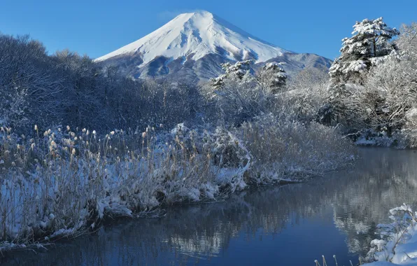 Winter, the sky, snow, trees, nature, river, mountain, Japan