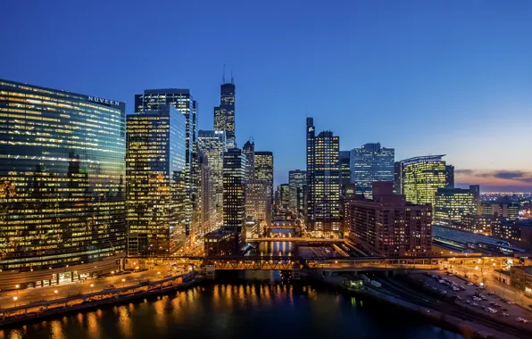 Bridge, the city, building, skyscrapers, the evening, Chicago, USA, Il