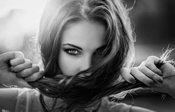 Picture eyes, look, girl, sunset, face, glare, background, black and white