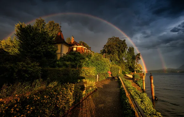 Picture girl, shore, home, dog, rainbow, pond