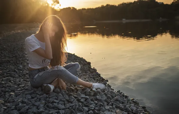 Girl, river, nature, beautiful, model, sweet, shore, long-haired