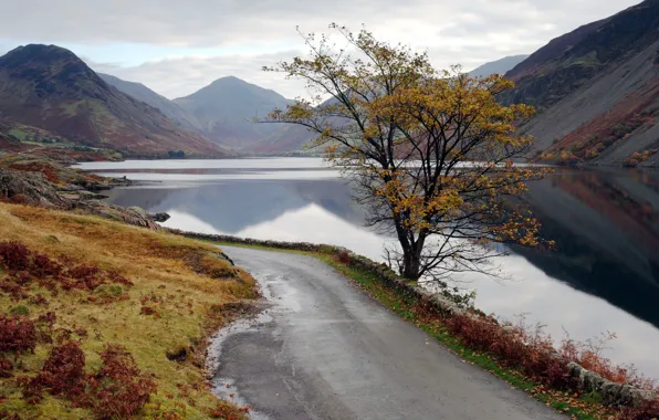 Road, mountains, lake