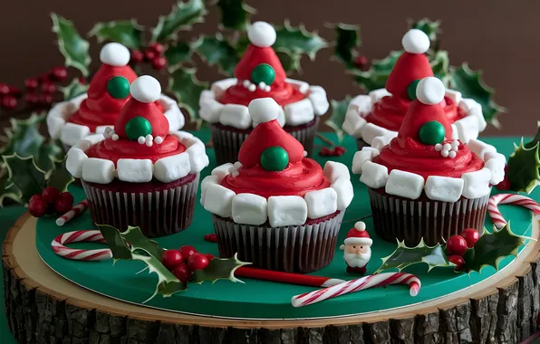 Christmas, sweets, New year, cream, dessert, cakes, cupcakes, Christmas trees