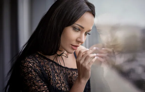 Glass, reflection, hand, makeup, brunette, hairstyle, fingers, beauty