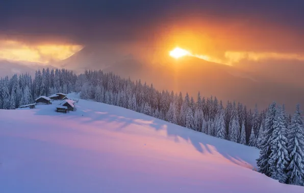 Winter, forest, the sky, light, sunset, mountains, house, tree