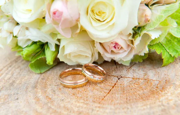 Roses, bouquet, ring, wedding, White, Roses, wedding, wedding