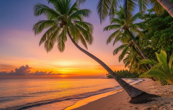 Beach, sunset, tropics, palm trees, the ocean, shore, beach, ocean