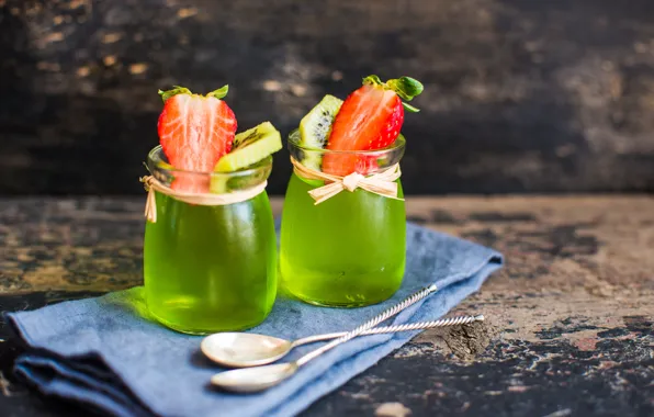 Kiwi, strawberry, jars, dessert, jelly, spoon