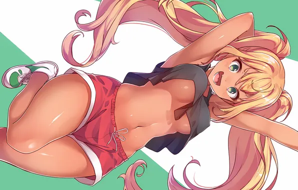 Girl, sexy, shorts, green eyes, long hair, legs, boobs, anime