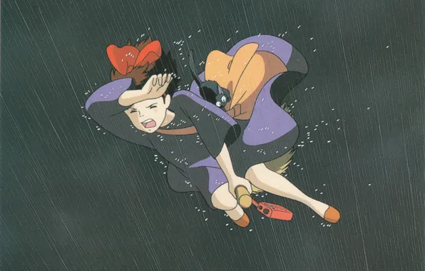 Drops, flight, night, rain, bag, broom, black cat, Kiki's delivery service
