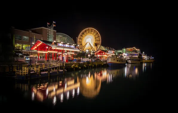 Night, lights, ship, home, wheel, Chicago, attraction, USA