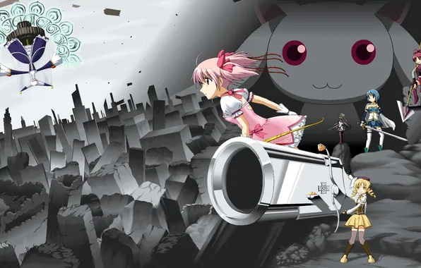 Picture the city, weapons, anime, madoka