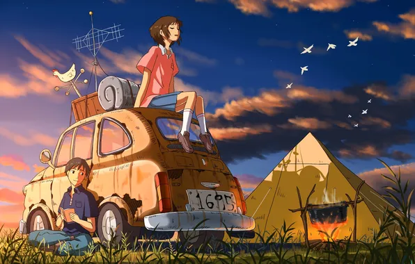 Picture machine, the sky, girl, birds, the fire, tent, guy