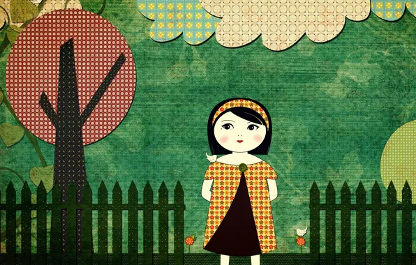 Girl, clouds, trees, birds, the fence, Patchwork