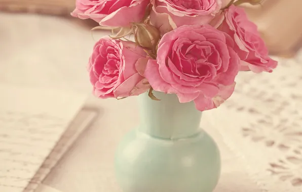 Roses, bouquet, vase, vintage, flower, style, pink, vintage