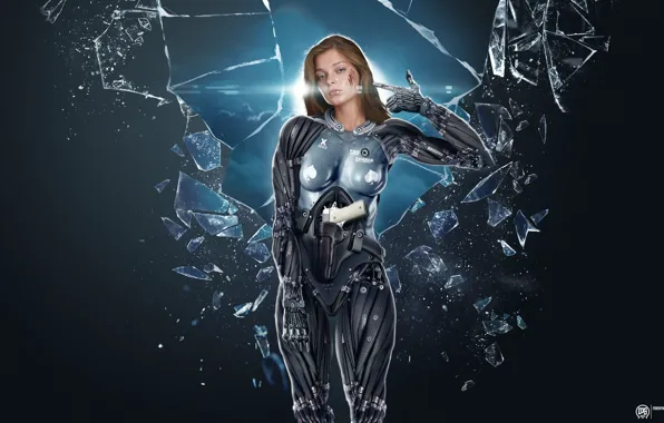 Fragments, glare, weapons, blood, Girl, cyborg, grey background, photo manipulation