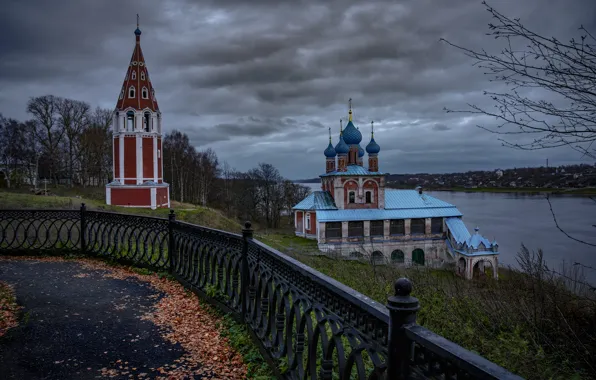 Picture autumn, landscape, clouds, nature, river, shore, the fence, Church