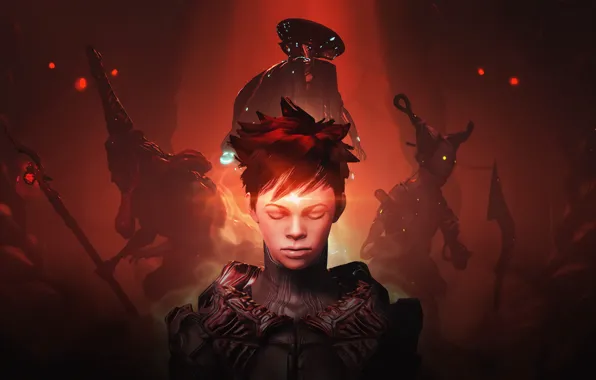 Fiction, the game, art, creatures, warriors, red background, Warframe