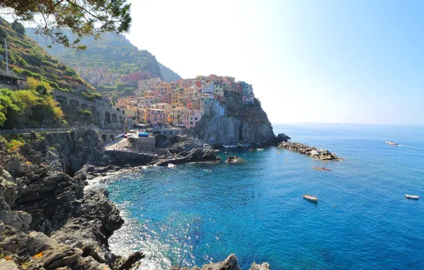 Sea, landscape, rock, Italy, panorama, Manarola