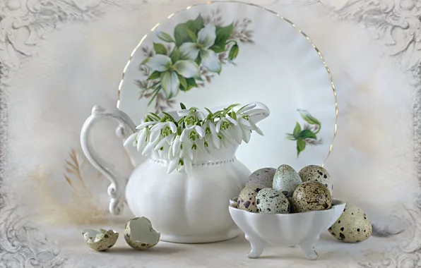 Flowers, eggs, bouquet, spring, plate, snowdrops, Easter, pitcher