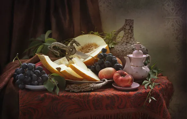 Dragon, kettle, grapes, fruit, still life, peach, melon