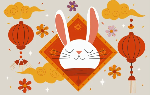 White, clouds, hare, rabbit, muzzle, New year, grey background, flowers
